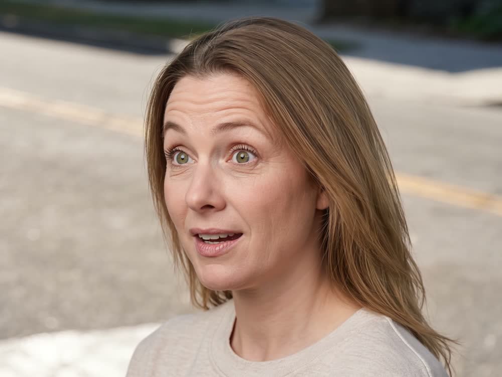 Trish, 40s, mid-question on a suburban street